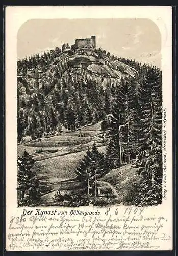 Lithographie Kynast im Riesengebirge, Burg Kynast vom Höllengrunde