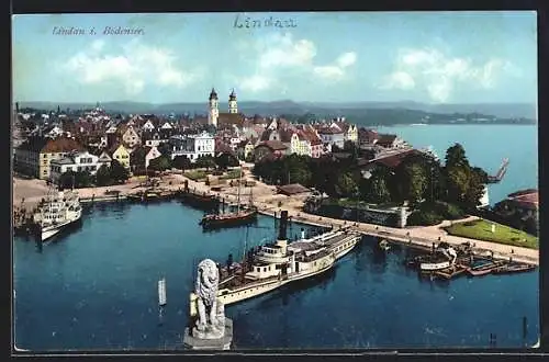 AK Lindau i. Bodensee, Teilansicht mit Dampfer