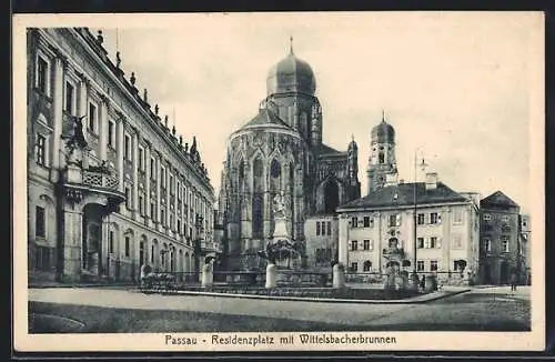 AK Passau, Kirche am Residenzplatz mit Wittelsbacherbrunnen