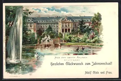 Lithographie Stuttgart, Blick auf den oberen Schlosspark