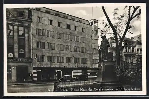 AK Köln a. Rh., Neues Haus des Gesellenvereins mit Kolpingdenkmal