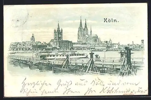 Lithographie Köln, Bootsanlegestelle vor Dom-Kulisse