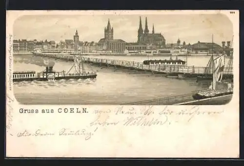 Lithographie Köln, Rheinpartie, Raddampfer, Dom