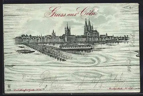 Mondschein-Lithographie Cöln, Rheinpartie mit Dom