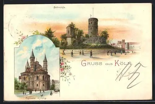 Lithographie Köln, Bottmühle und Apostelkirche