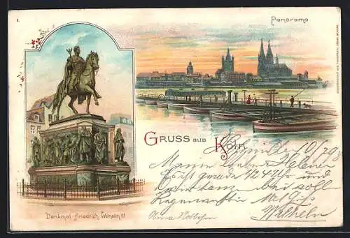 Lithographie Köln, Panorama-Ansicht mit Denkmal Friedrich-Wilhelm III. und Schiffbrücke