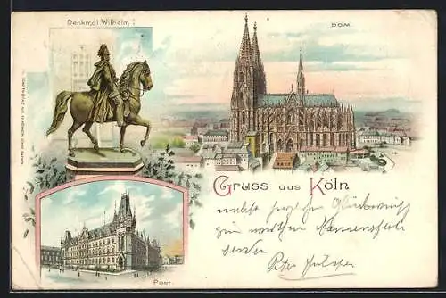 Lithographie Köln, Dom und Denkmal Wilhelm I.