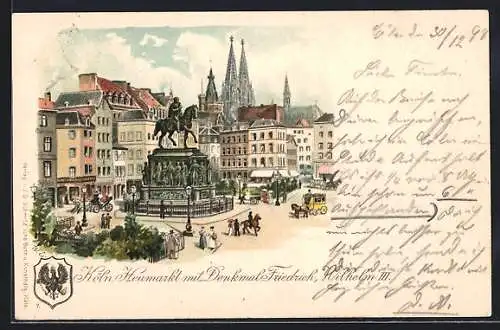 Lithographie Köln, Heumarkt mit Denkmal Friedrich Wilhelm III., Wappen