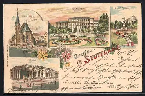 Lithographie Stuttgart, Polytechnikum, Eugens Brunnen, Königsbau