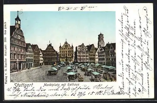 Goldfenster-AK Stuttgart, Marktplatz mit Rathaus mit leuchtenden Fenstern