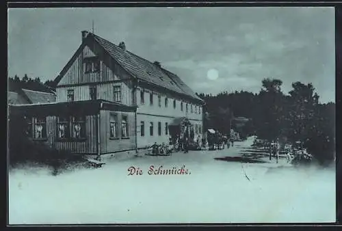 Mondschein-AK Schmücke, Kutsche vor dem Gasthaus