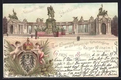 Lithographie Berlin, National Denkmal Kaiser Wilhelm I.