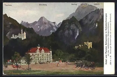 Künstler-AK Hohenschwangau, Hotel Schwansee mit Blick zum Schloss Neuschwanstein