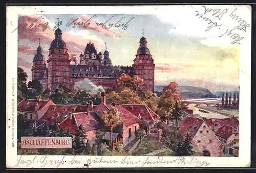 Künstler-AK Aschaffenburg, am Schloss mit Umgebung