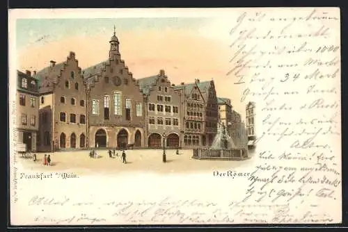 Lithographie Alt-Frankfurt, Partie am Römer, Brunnen