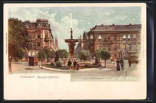 Künstler-Lithographie Aachen, Strassenbahn am Kaiserplatz