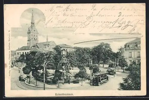 AK Aachen, Strassenbahnen am Kaiserbrunnen
