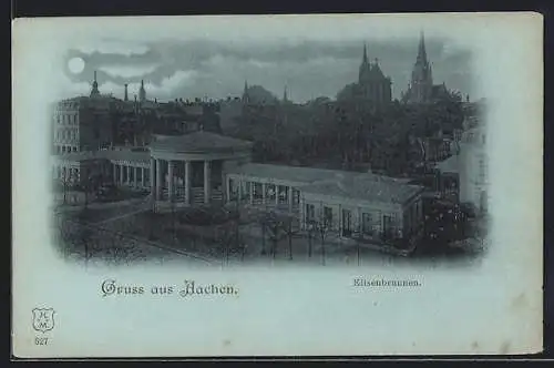 Mondschein-AK Aachen, Der Elisenbrunnen aus der Vogelschau