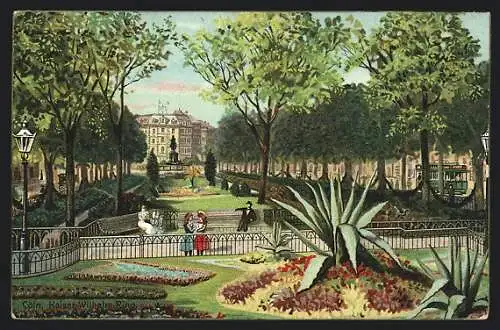 Lithographie Köln-Neustadt, Kaiser-Wilhelm-Ring mit Gartenanlagen