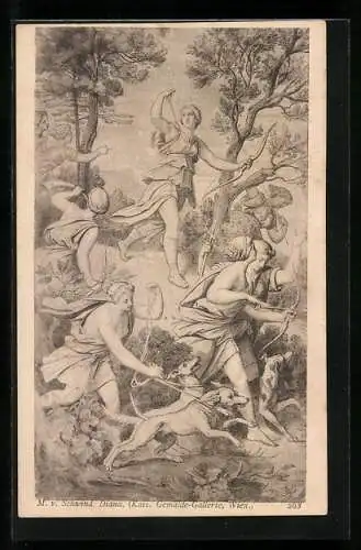 Künstler-AK sign. M. von Schwind: Diana, Mädchen mit Pfeil und Bogen sowie mit Hunden