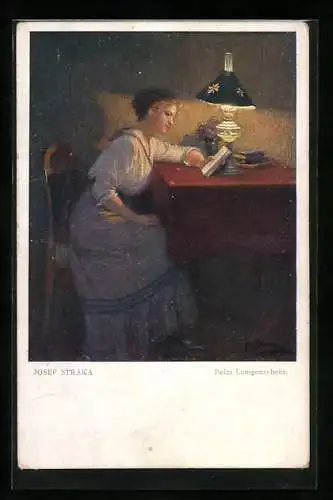 Künstler-AK Josef Straka: Frau liest bei Lampenschein ein Buch