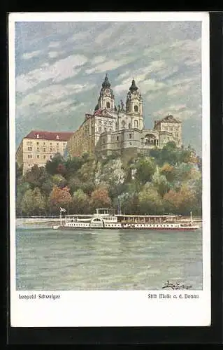 Künstler-AK Melk a.d. Donau, Dampfer am Stift Melk