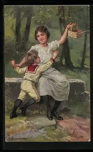 Künstler-AK R. Borrmeister: Lachendes Mädchen hält Kirschen von kleinem Jungen fern