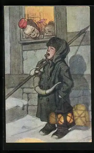 Künstler-AK Emil Beithan: Stadtwache in Wintermantel mit Laterne und Lanze