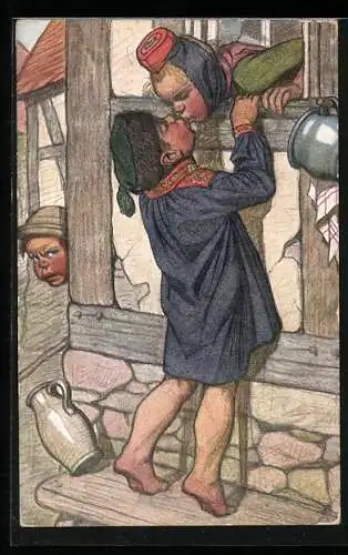 Künstler-AK Emil Beithan: Kuss am Fenster, Hessische Trachten