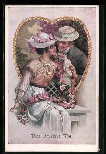 Künstler-AK H.Schubert: Des Lebens Mai, schick gekleidetes Pärchen, Herz aus Rosen