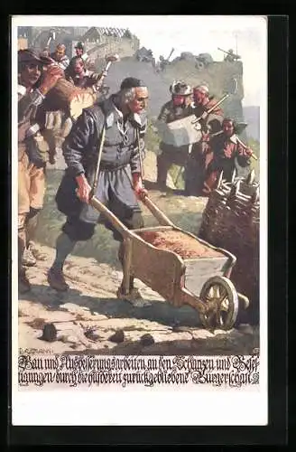 Künstler-AK Richard Assmann: Bau und Ausbesserungsarbeiten an den Schanzen durch die Bürgerschaft