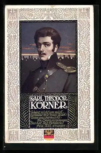 Künstler-AK R. Assmann: Karl Theodor Körner in Uniform, Brustbild, gerahmte Ansicht, Vers