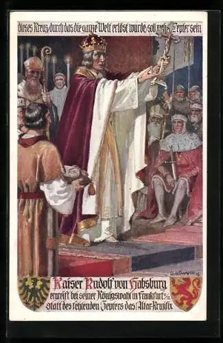 Künstler-AK Richard Assmann: Frankfurt / Main, Kaiser Rudolf von Habsburg greift Crucifix