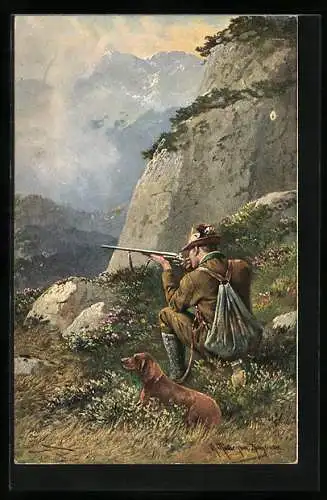 Künstler-AK Jäger mit Dackel auf der Jagd im Gebirge