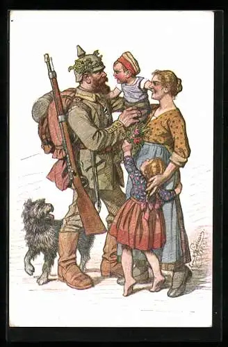 Künstler-AK Emil Beithan: Soldat kehrt zu seiner Frau mit Kindern zurück