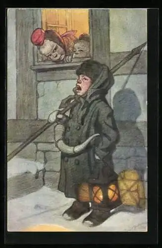 Künstler-AK Emil Beithan: Stadtwache in Wintermantel mit Laterne und Lanze