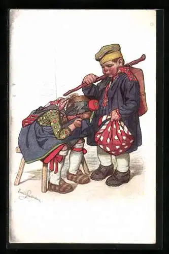 Künstler-AK Emil Beithan: Junge zieht in den Krieg, Mädchen weint