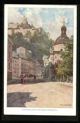Künstler-AK Edward Theodore Compton: Salzburg, Festung Hohensalzburg und Kajetanerplatz