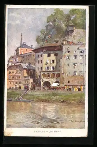 Künstler-AK Edward Theodore Compton: Salzburg, Partie Im Stein, Pferdewagen bei Geschäften & Café`s