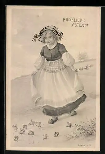 Künstler-AK R. Kratky: Mädchen mit Kükenschar und Ostergruss