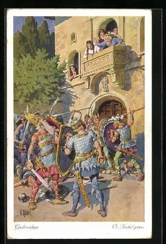 Künstler-AK Otto Kubel: Gudrunsage, Gudrun schlichtet den Kampf zwischen ihrem Vater und Verlobten