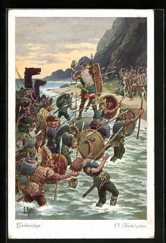 Künstler-AK Otto Kubel: Gudrunsage, Hettel und Herwig greifen die Normannen an