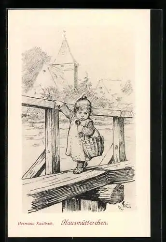 Künstler-AK Hermann Kaulbach: ein kleines Mädchen mit Korb und einem Schlüssel steht auf einer Brücke