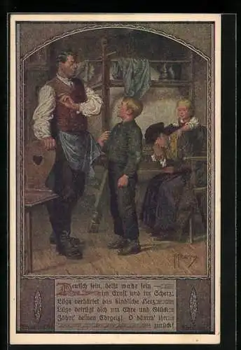 Künstler-AK Franz Kuderna, Deutscher Schulverein Nr. 802: Deutsch sein, heisst wahr sein, Junge lügt, Vater bestraft ihn