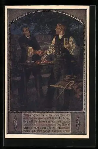 Künstler-AK Kuderna: Deutsch sein, heisst treu sein, Zwei Männer begrüssen sich beim Essen, Deutscher Schulverein