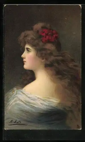 Künstler-AK Angelo Asti: Seitliches Portrait einer jungen Frau mit roten Blumen im Haar
