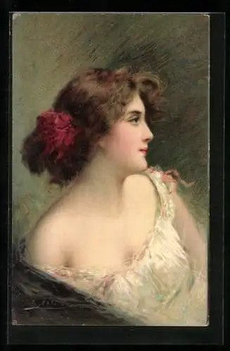 Künstler-AK Angelo Asti: Frau mit Blume im Haar