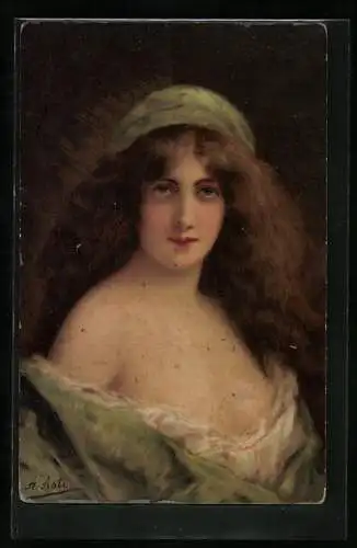Künstler-AK Angelo Asti: Frauenportrait mit grünem Hut