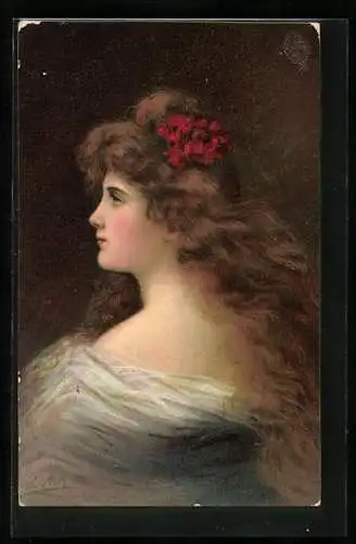 Künstler-AK Angelo Asti: Seitliches Portrait einer jungen Frau mit roten Blumen im Haar