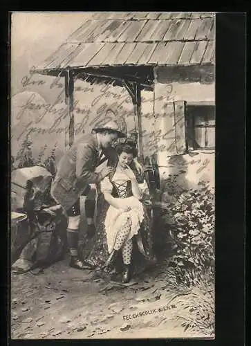 Künstler-AK Charles Scolik: Paar in Tracht vor einem Haus in den Bergen